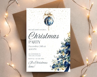 May include: A Christmas party invitation with a navy blue and gold ornament design. The invitation includes the text "Christmas Party" and "It's Christmas time!" on a white background, with a brown envelope.
