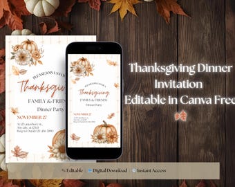 Plantilla de invitación para la cena de Acción de Gracias / Invitación editable en Canva / Invitación electrónica para fiesta de la cosecha de otoño / Invitación imprimible de otoño