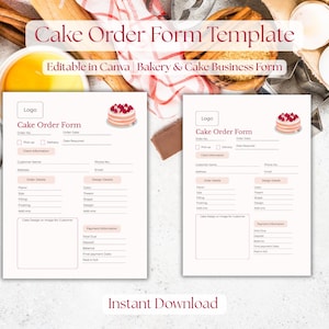 Może przedstawiać: Dwa drukowane formularze zamówienia ciasta w różowo-białym kolorze, zawierające sekcje dotyczące szczegółów zamówienia, szczegółów projektu i informacji o płatności. Formularze są umieszczone na tle składników i narzędzi do pieczenia.