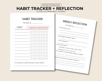 Rastreador de hábitos semanal con reflexión / Plantilla de seguimiento de hábitos, seguimiento de rutinas y objetivos / PDF imprimible y rellenable / Tamaño A4 y carta