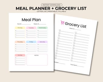 Weekly Meal Planner with Grocery List | Digital Download PDF | A4 & Letter Sizes | Meal Prep Planner Template
