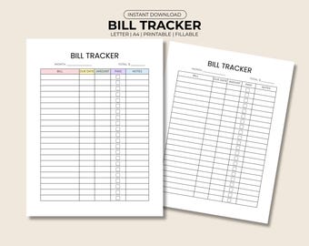Bill Payment Tracker | Bill Organizer | Finance Planner | Fillable and Printable PDF | A4 and US Letter | Color + Black & White