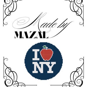 May include: White background with black decorative corner elements and text. The text reads "Made by MAZAL" in a script font. A blue circle with a pixelated red apple and "I NY" is also present.