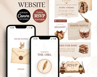Wizard Baby Shower Website Invitation, Magical Owl Theme, Editable Canva Template (Digital Download)