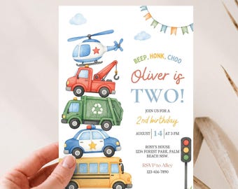 Transportation 2nd Birthday Invitation, Vehicles Theme, Editable Canva Template (Digital Download)