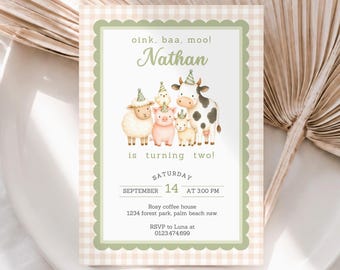 Oink Baa Moo Farm 2nd Birthday Invitation, Sage Gingham, Editable Canva Template (Digital Download)