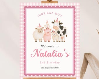 Farm Birthday Welcome Sign, Oink Cluck Baa Moo 2nd Birthday, Pink Farm Animals Birthday, Printable Welcome Sign Editable Canva Template