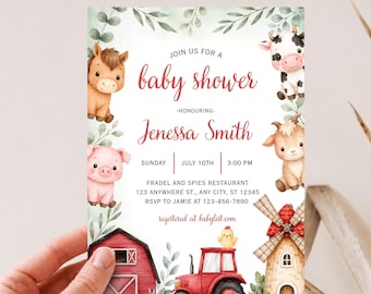 Inbjudan till babyshower med bondgårdsdjur, bondgårdstema, bondgårdsfest, redigerbar Canvas-mall (digital mall)