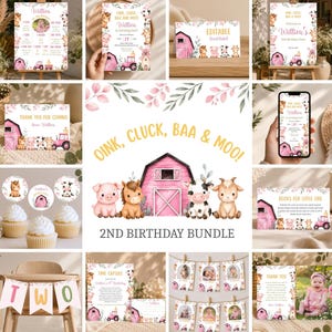 May include: A 2nd birthday party bundle featuring farm animal illustrations including a pig, horse, cow, and goat with a pink barn. The set includes invitations, cupcake toppers, a time capsule card, a books for little one card, and a banner with the text TWO.