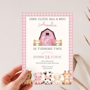 Einladung zum 2. Geburtstag mit rosa Bauernhoftieren, Bauernhof-Mädchen-Party (Digitaler Download)