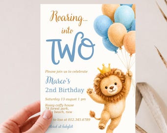 Roaring Into Two Boy Birthday Invitation, Lion Theme 2nd Party (Editable Canva Template)