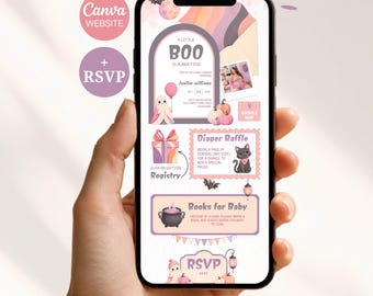 Little Boo Halloween Baby Shower Website, Girl Spooky Invite, Editable Canva Template (Digital Download)