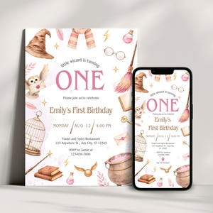 May include: A whimsical invitation for a first birthday, featuring a wizard theme. The design includes a brown sorting hat, a pink scarf, a broom, and an owl. The text reads "little wizard is turning ONE" and includes the birthday details.