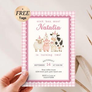 Pink farm second birthday invitation with watercolor cow, pig, sheep and chicken, pink gingham border and Oink Baa Moo Two theme.