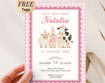 Oink Cluck Baa Moo Party Invitation, Editable Pink Barn Farm Animals Barnyard Girl 2nd Birthday (Digital Download). SBI07
