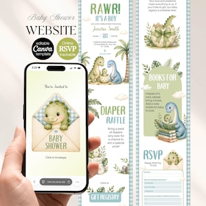 Sage green baby dinosaur hatching soon baby shower website bundle beautifully displayed on mobile phone screen. This complete digital bundle includes diaper raffle card, RSVP form and save the date — all fully editable in Canva. Perfect for a boys dino baby shower. No design skills needed, instant download after purchase.