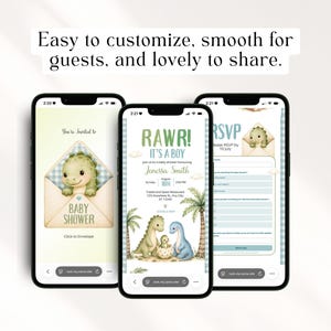 This sage green baby dinosaur hatching soon baby shower website bundle is incredibly easy to customize and lovely to share with guests. Change all text including names, dates, location and event details in minutes using free Canva. Smooth guest experience with a beautiful boys dino digital invite website. Instant download after purchase, no design skills needed.