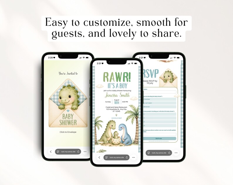 This sage green baby dinosaur hatching soon baby shower website bundle is incredibly easy to customize and lovely to share with guests. Change all text including names, dates, location and event details in minutes using free Canva. Smooth guest experience with a beautiful boys dino digital invite website. Instant download after purchase, no design skills needed.