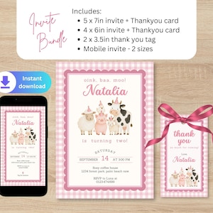 Pink farm birthday invitation bundle showing 5x7 and 4x6 invites, matching thank you cards, thank you tag and mobile invite.