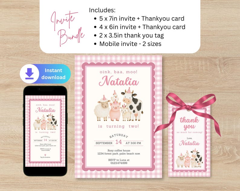 Pink farm birthday invitation bundle showing 5x7 and 4x6 invites, matching thank you cards, thank you tag and mobile invite.