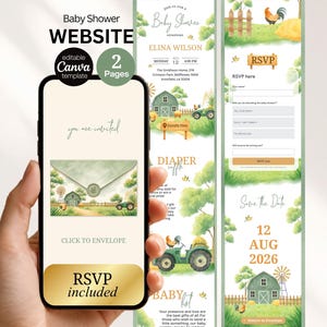 Convite para Chá de Bebê com Tema Fazenda, Convite para Festa no Celeiro com Confirmação de Presença, Modelo Editável no Canva (download digital)