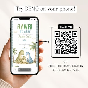 Scan the QR code to try the live demo of this sage green baby dinosaur hatching soon baby shower website bundle on your own phone! See exactly how your guests will experience the dino digital invite website before you purchase. Boys dino baby shower website bundle fully editable in Canva, instant download available.
