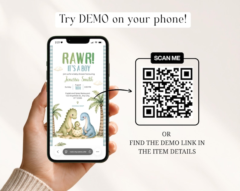 Scan the QR code to try the live demo of this sage green baby dinosaur hatching soon baby shower website bundle on your own phone! See exactly how your guests will experience the dino digital invite website before you purchase. Boys dino baby shower website bundle fully editable in Canva, instant download available.