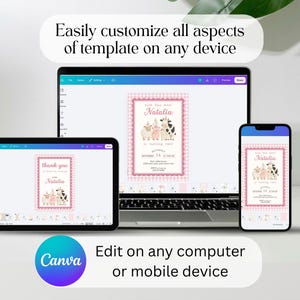 Editable pink farm birthday invitation template displayed on laptop, tablet and phone using Canva.