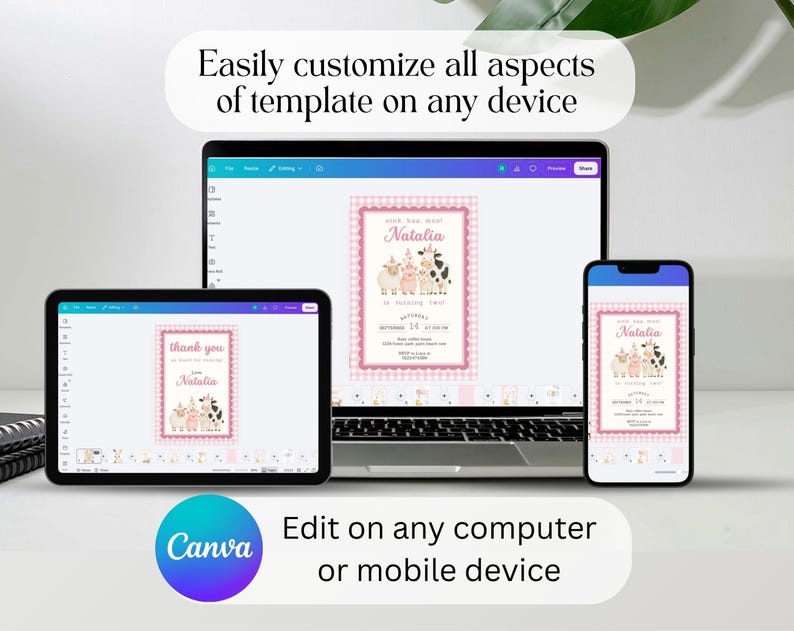 Editable pink farm birthday invitation template displayed on laptop, tablet and phone using Canva.