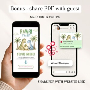 Share a beautiful bonus PDF with your guests using the sage green baby dinosaur hatching soon baby shower website link. This boys dino baby shower website bundle includes a shareable PDF option — perfect for guests who prefer a printed or saved version. Fully editable Canva template, easy to customize and share, instant download.