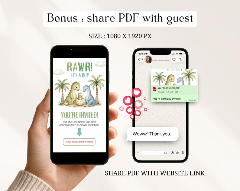 Share a beautiful bonus PDF with your guests using the sage green baby dinosaur hatching soon baby shower website link. This boys dino baby shower website bundle includes a shareable PDF option — perfect for guests who prefer a printed or saved version. Fully editable Canva template, easy to customize and share, instant download.