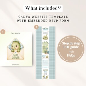 This sage green baby dinosaur hatching soon baby shower bundle includes a complete Canva website template with embedded RSVP form. Also includes a detailed step-by-step PDF guide to help you set up everything easily. Boys dino digital invite website, fully editable with free Canva account. No software required, instant download after purchase.
