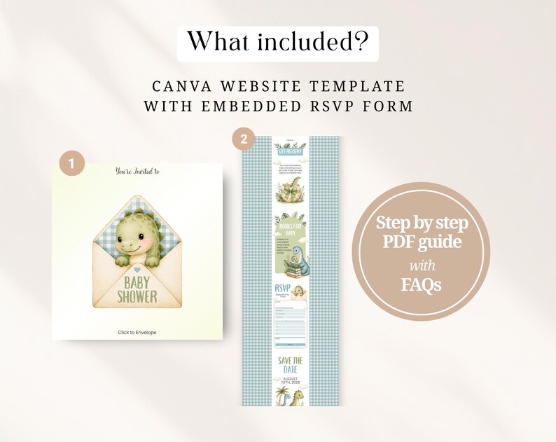 This sage green baby dinosaur hatching soon baby shower bundle includes a complete Canva website template with embedded RSVP form. Also includes a detailed step-by-step PDF guide to help you set up everything easily. Boys dino digital invite website, fully editable with free Canva account. No software required, instant download after purchase.
