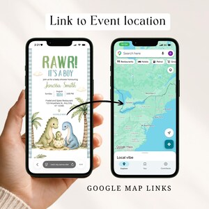 This sage green baby dinosaur hatching soon baby shower website includes a Google Maps event location link. Your guests can get turn-by-turn directions directly from your dino baby shower website with just one tap. No confusion, no hassle. Fully editable boys dino digital website bundle in Canva, instant download after purchase.