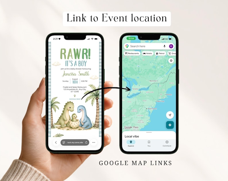 This sage green baby dinosaur hatching soon baby shower website includes a Google Maps event location link. Your guests can get turn-by-turn directions directly from your dino baby shower website with just one tap. No confusion, no hassle. Fully editable boys dino digital website bundle in Canva, instant download after purchase.