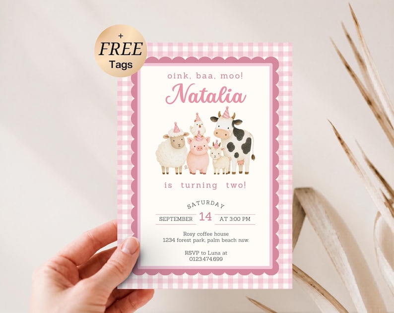 Pink farm second birthday invitation with watercolor cow, pig, sheep and chicken, pink gingham border and Oink Baa Moo Two theme.
