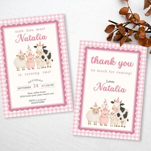 Matching pink farm birthday invitation and thank you card with watercolor barnyard animals and gingham design.