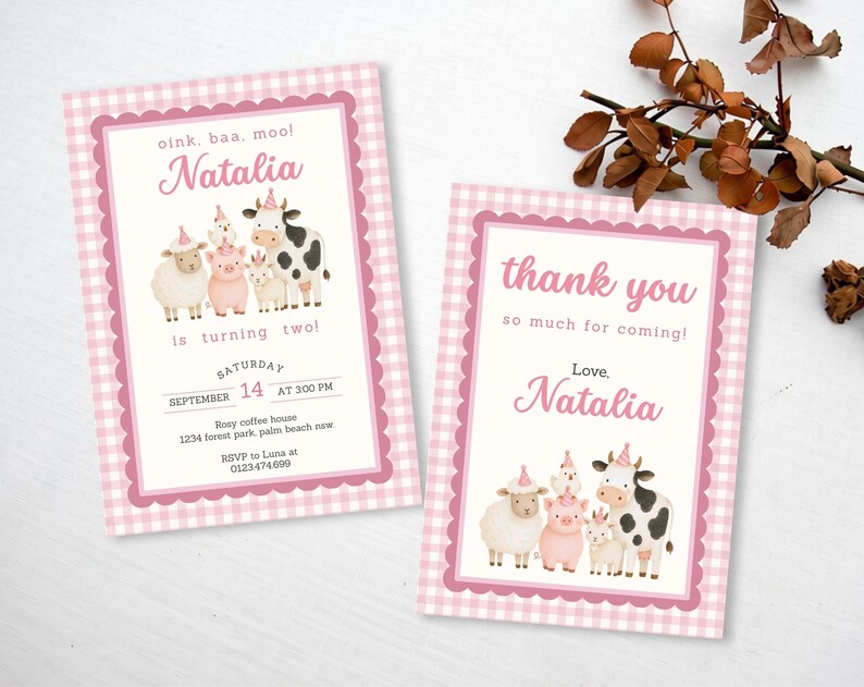 Matching pink farm birthday invitation and thank you card with watercolor barnyard animals and gingham design.