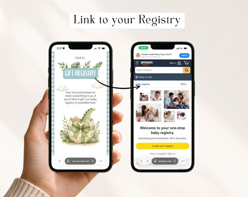 This sage green baby dinosaur hatching soon baby shower website bundle includes a clickable registry link feature. Guests can tap directly to your baby registry from the website — making gifting easy and convenient. Fully editable dino digital invite website template in Canva. Perfect for boys baby shower, instant download.