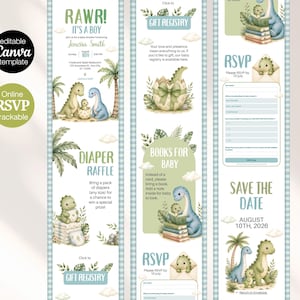 See everything included in this sage green baby dinosaur hatching soon baby shower website bundle. Package includes a fully editable Canva website, RSVP form, diaper raffle card and save the date. All templates are 100% editable — change fonts, colors and graphics to match your theme. Digital download only, no physical item shipped.