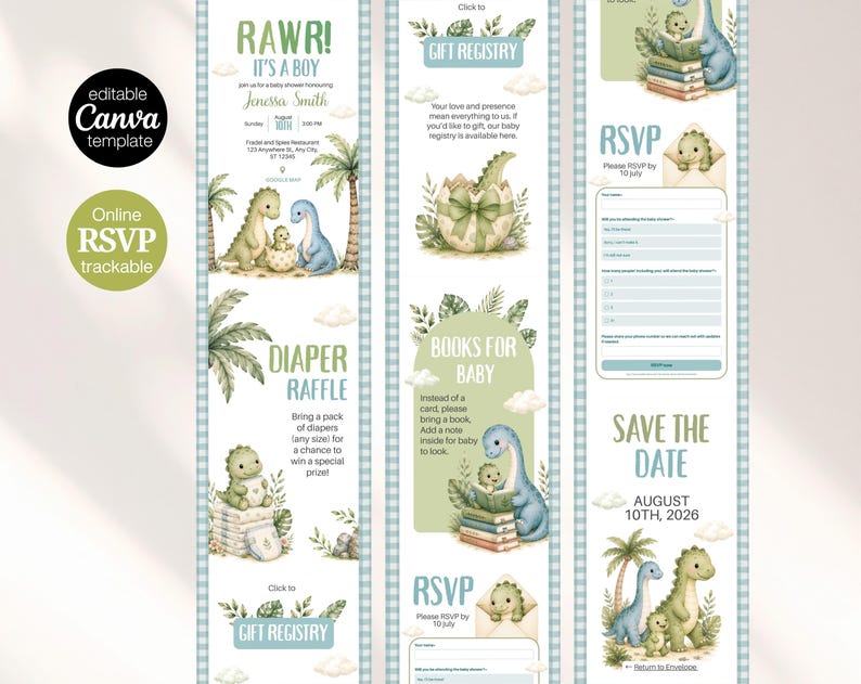 See everything included in this sage green baby dinosaur hatching soon baby shower website bundle. Package includes a fully editable Canva website, RSVP form, diaper raffle card and save the date. All templates are 100% editable — change fonts, colors and graphics to match your theme. Digital download only, no physical item shipped.
