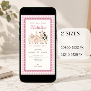 Mobile pink farm second birthday invitation shown on a smartphone in two digital sizes for text or email sharing.