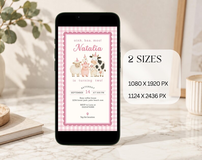 Mobile pink farm second birthday invitation shown on a smartphone in two digital sizes for text or email sharing.