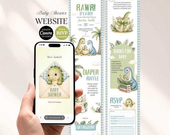 Baby Dinosaur Hatching Soon Baby Shower Website | Boys Dino Invite | Sage Green Dino | RSVP Trackable | Editable Canva Template