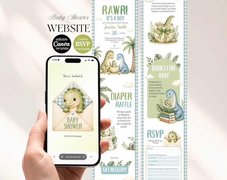 Sage green baby dinosaur hatching soon baby shower website bundle beautifully displayed on mobile phone screen. This complete digital bundle includes diaper raffle card, RSVP form and save the date — all fully editable in Canva. Perfect for a boys dino baby shower. No design skills needed, instant download after purchase.