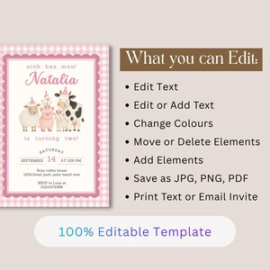 Pink farm birthday invitation template showing editable text, colors, elements and download options in Canva.