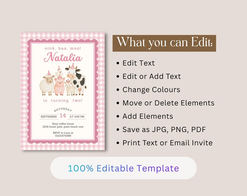 Pink farm birthday invitation template showing editable text, colors, elements and download options in Canva.