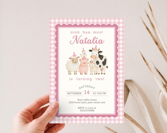 Oink Cluck Baa Moo Party Invitation, Editable Pink Barn Farm Animals Barnyard Girl 2nd Birthday (Digital Download). SBI07
