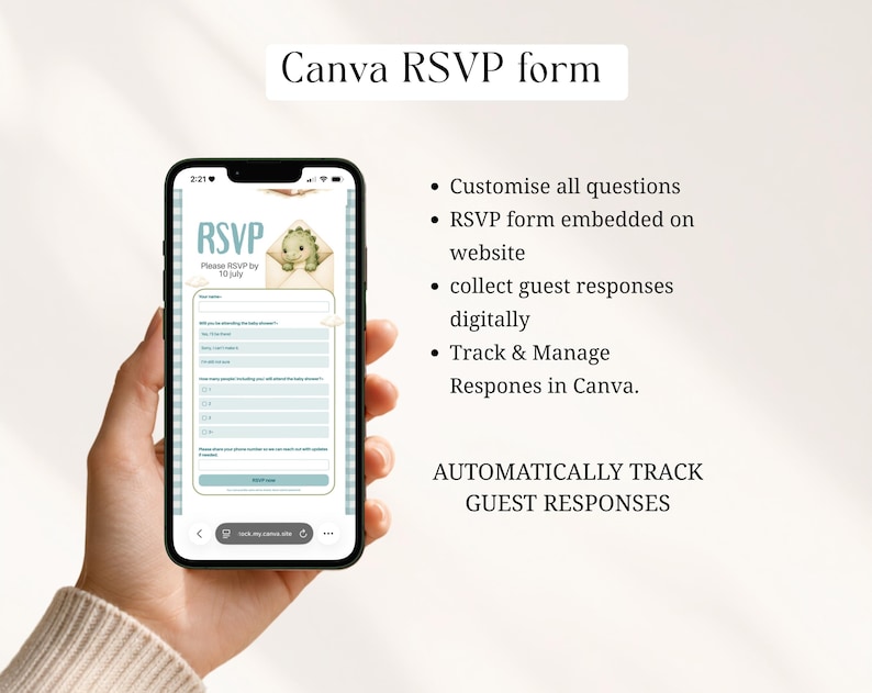 This sage green baby dinosaur hatching soon baby shower website bundle features a fully embedded Canva RSVP form. Automatically track all guest responses digitally — no paper needed. Customize all RSVP questions, collect responses and manage them directly in Canva. Perfect boys dino hatching soon baby shower digital invite, instant download.