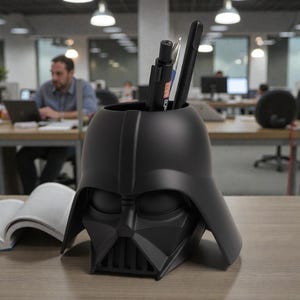 May include: A black Darth Vader helmet-shaped desk tidy, containing pens and a pen. The desk tidy is on a wooden desk in an office environment. The background shows other desks and people working.